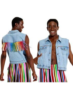 Target Pride Collection Rainbow Faux Suede Fringe Denim Vest NWT M